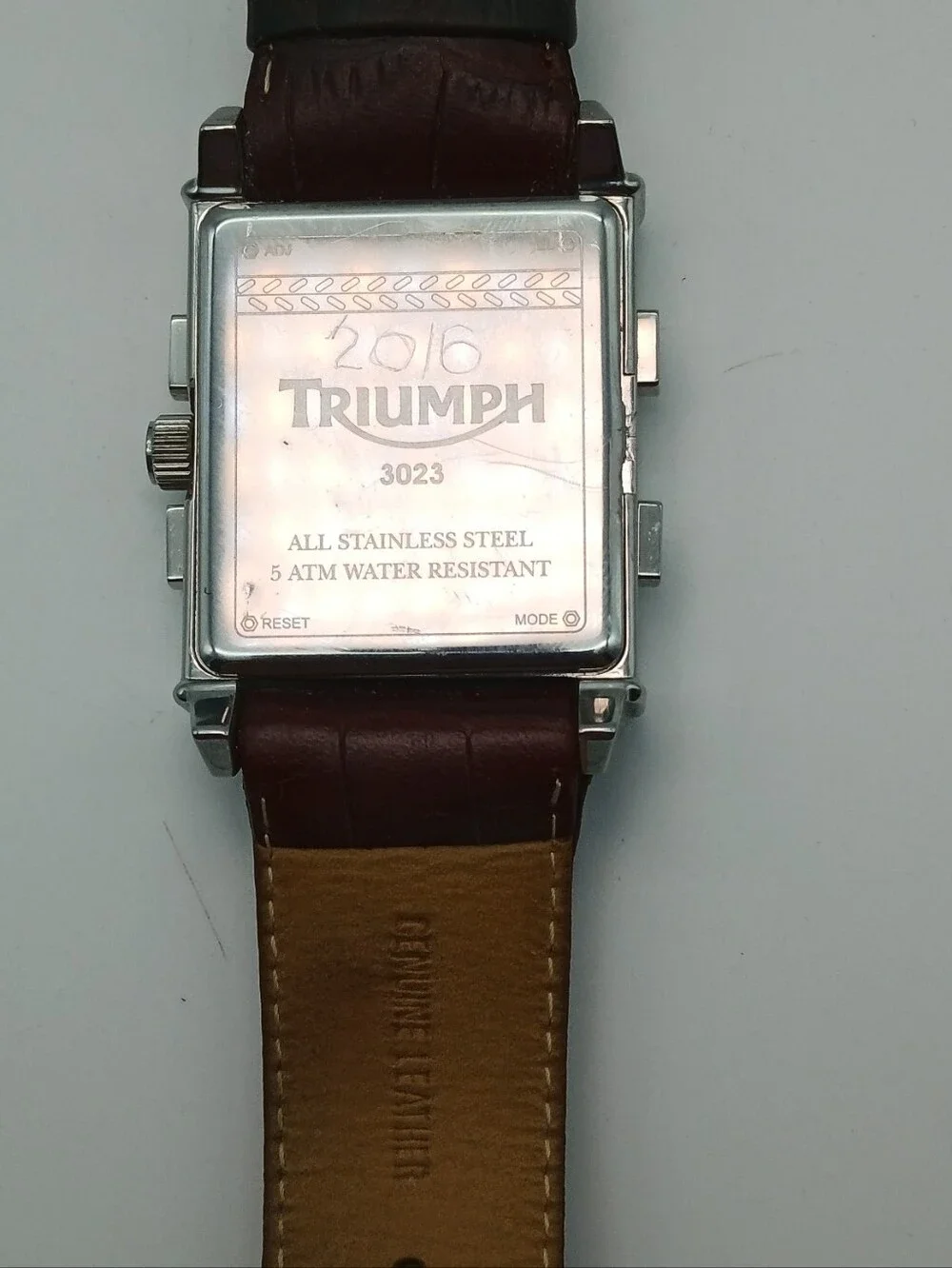 Triumph Rectangular Silver Tone Watch with Brown Leather Strap Very Rare